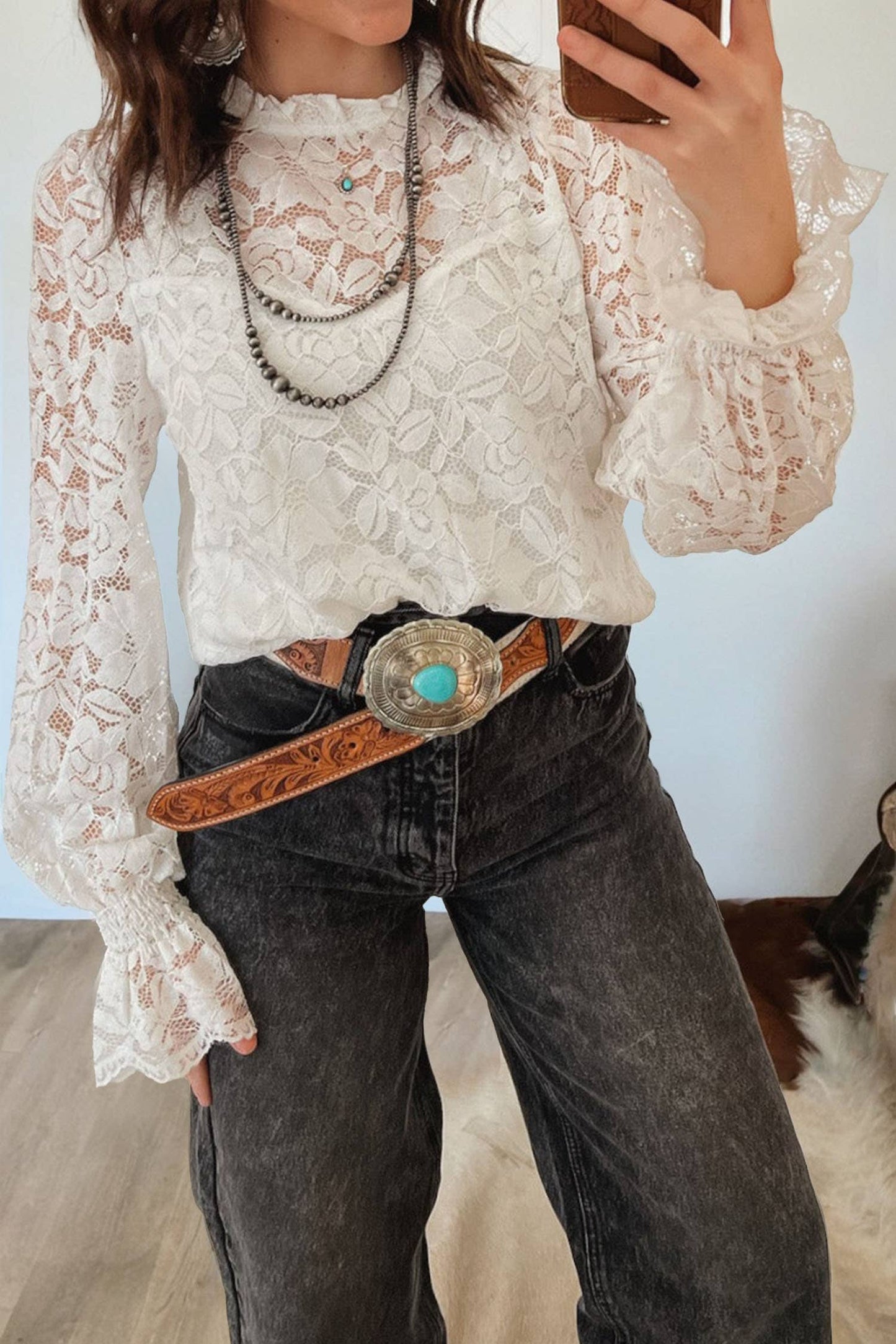 Ruffled Sheer Lace Blouse