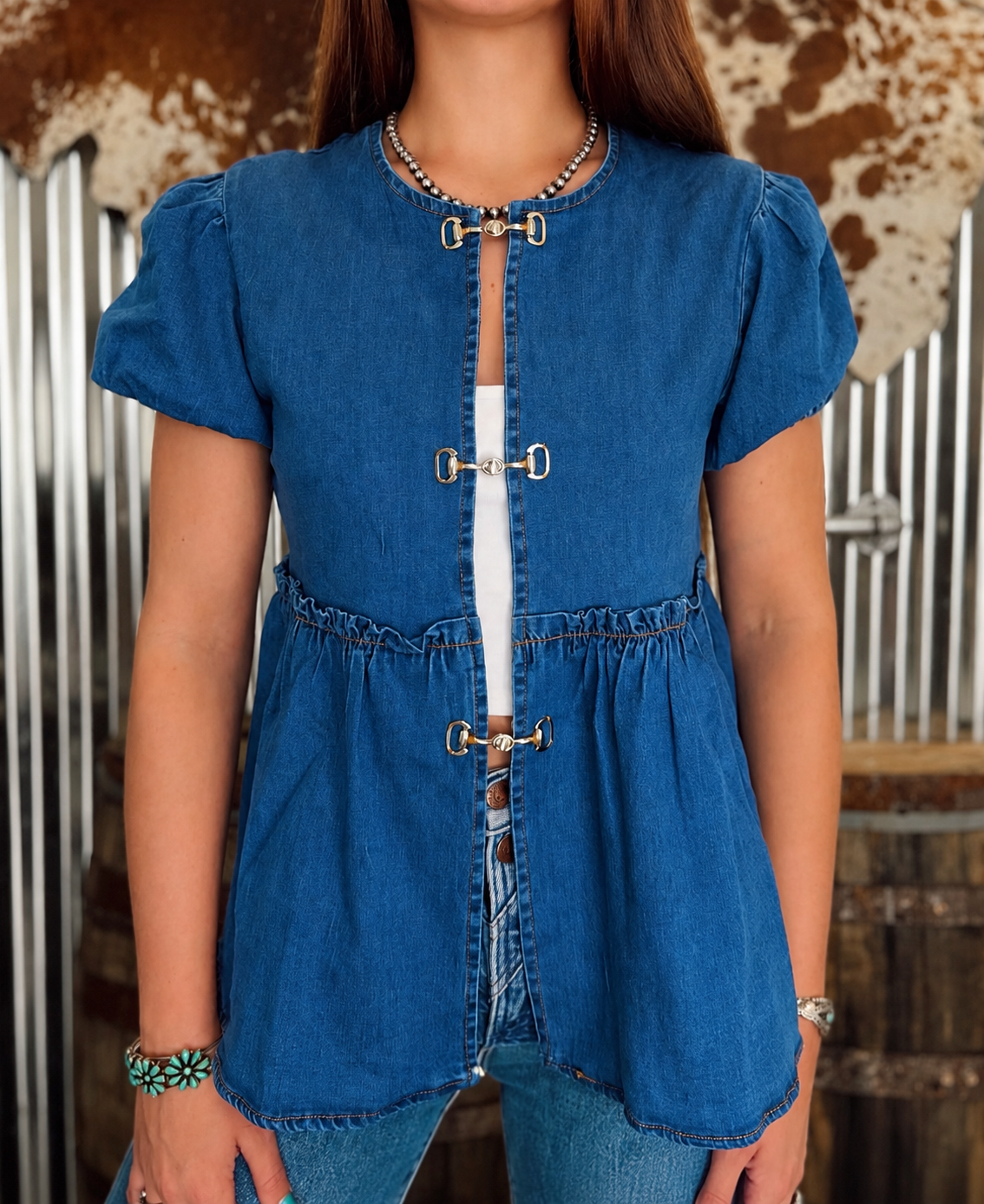 Denim Puff Sleeve Top With Snaffle Hooks