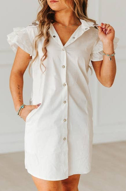 White Ruffle Sleeve Pearl Snap Embroidered Dress