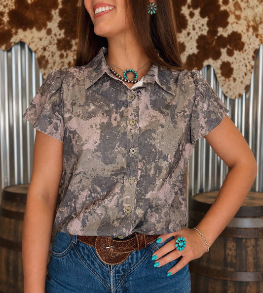 Camo Button Down Ruffle Sleeve Blouse